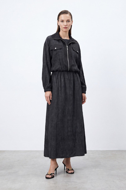 Kadın Keten Görünümlü Elbise Takım-12707ELB - BLACK