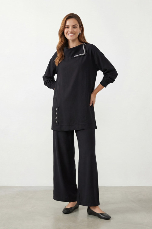Kadın Degaje Yaka Taş Detaylı Tunik Pantolon Takım - 14448TKS - BLACK