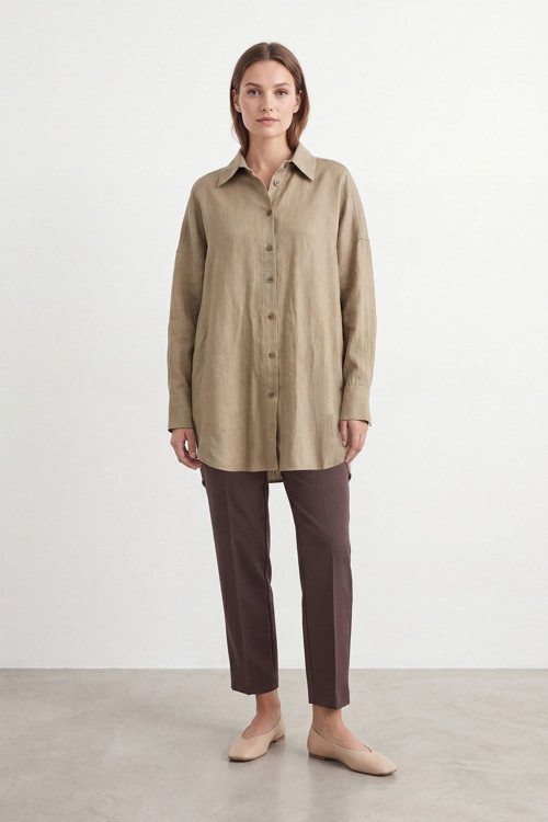 Kadın Naturel Dokulu Oversize Gömlek -10804GML - DARK BEIGE