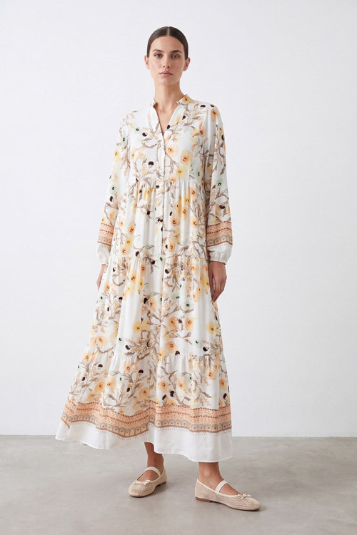 Çiçek Desenli Bohem Maxi Elbise -32531ELB - Bej