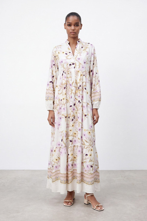Çiçek Desenli Bohem Maxi Elbise -32531ELB - Lila