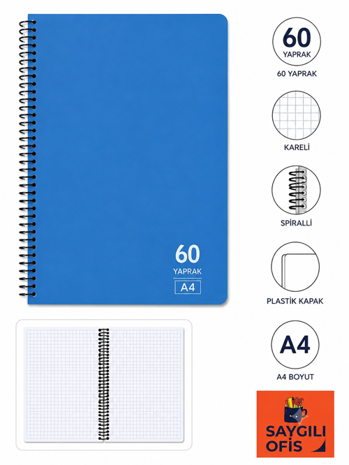 SaygılıOfis 60 Yaprak A4 Spiralli Pp Kapak Kareli Defter