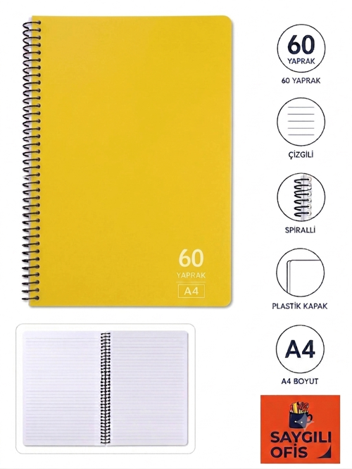 SaygılıOfis 60 Yaprak A4 Spiralli Pp Kapak Çizgili Defter