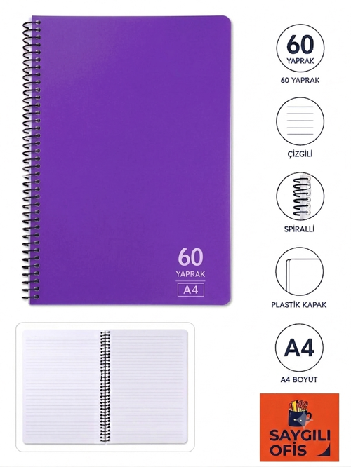 SaygılıOfis 60 Yaprak A4 Spiralli Pp Kapak Çizgili Defter