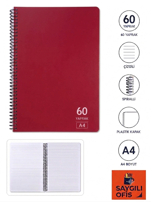 SaygılıOfis 60 Yaprak A4 Spiralli Pp Kapak Çizgili Defter
