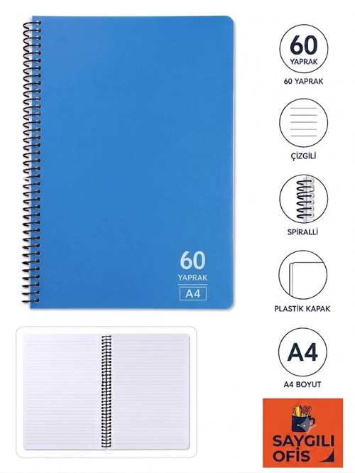 SaygılıOfis 60 Yaprak A4 Spiralli Pp Kapak Çizgili Defter