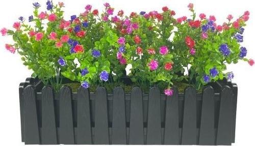 Yapay Çiçek Siyah Çit Balkon Saksısı Renkli Mineli Şimşir Çiçekli 55*35cm