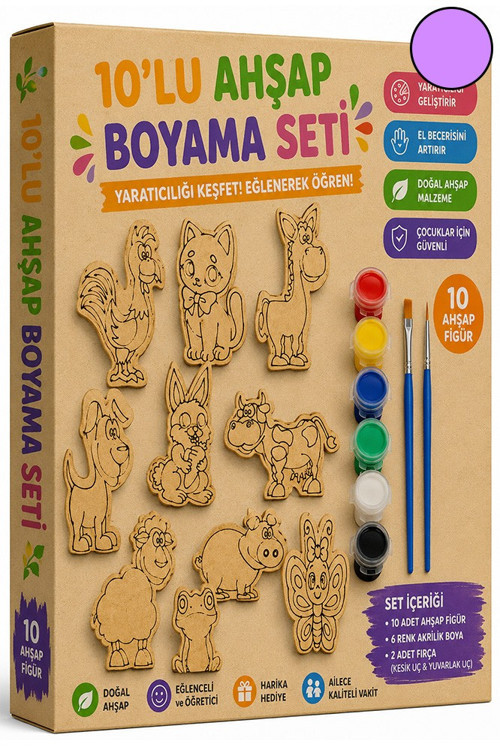 Ahşap Boyama 10 lu 1 Paket 10x15cm Ahşap Boyama Figürü 6 Renk Boya ve Resim Fırçası Etkinlik Çocuk Gelişim Motor Beceri