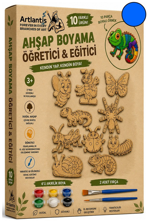Ahşap Boyama 10 lu 1 Paket 10x15cm Ahşap Boyama Figürü 6 Renk Boya ve Resim Fırçası Etkinlik Çocuk Gelişim Motor Beceri