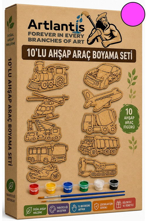Ahşap Boyama 10 lu 1 Paket 10x15cm Ahşap Boyama Figürü 6 Renk Boya ve Resim Fırçası Etkinlik Çocuk Gelişim Motor Beceri