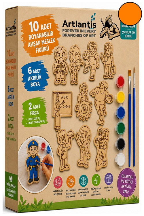 Ahşap Boyama 10 lu 1 Paket 10x15cm Ahşap Boyama Figürü 6 Renk Boya ve Resim Fırçası Etkinlik Çocuk Gelişim Motor Beceri