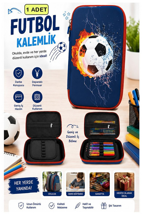 Futbol Kabartmalı Bölmeli Kalemlik 1 Adet P-6011 Erkek Çocuk Okul Kalem Kutusu 3 Boyutlu Sevimli Karikatür Hediyelik