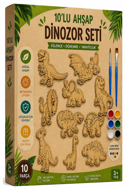 Ahşap Boyama Dinozor 10 lu 1 Paket 10x15cm Ahşap Boyama 6 Renk Boya Resim Fırçası Etkinlik Çocuk Gelişim Motor Beceri