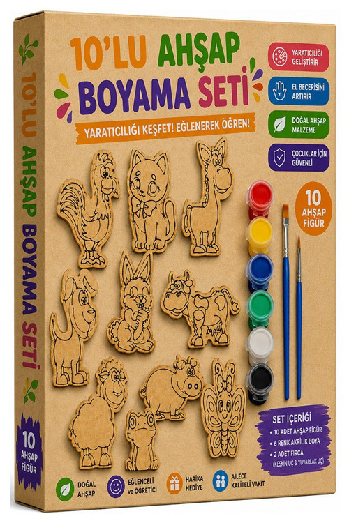 Ahşap Boyama Hayvanlar 10 lu 1 Paket 10x15cm Set3 Ahşap Boyama 6 Renk Boya Resim Fırçası Etkinlik Çocuk Gelişim Motor