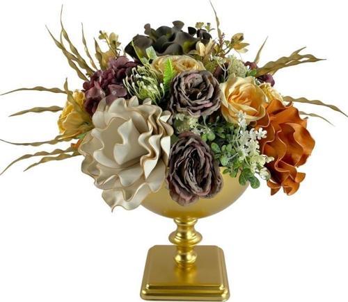 Nettenevime Yapay Çiçek Ve Latex Aranjmanı Kare Ayaklı Yuvarlak Metal Gold Vazolu Masa Üstü Çiçeği Arajman