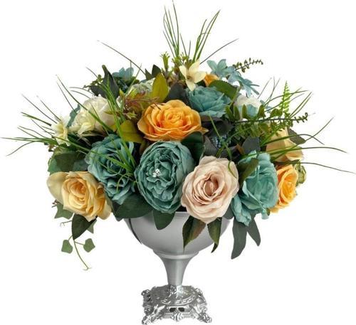 Yapay Çiçek Ve Latex Aranjmanı Metal Gümüş Renk Vazolu Masa Üstü Çiçeği Arajman