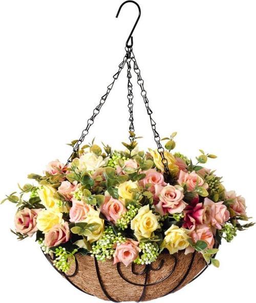 Yapay Çiçek Sarkaç Askılı Makreme Sepette Pembe Yabangülü Çiçek Sepeti