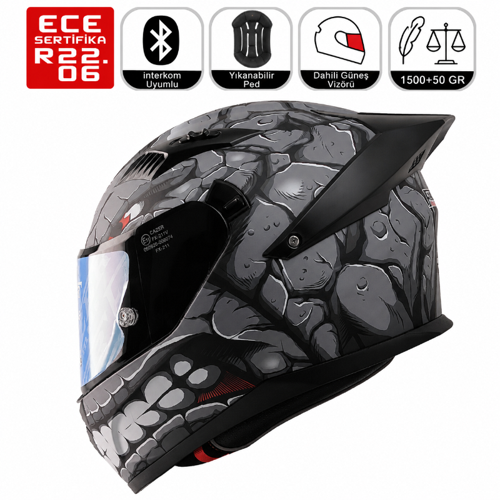 FX211X Fantastic Gri Motosiklet Kaskı Spoiler Mod Güneş Vizörlü Full Face Kask