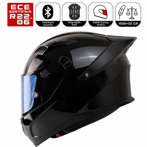 FX211X Siyah Motosiklet Kaskı Spoiler Mod Güneş Vizörlü Full Face Kask