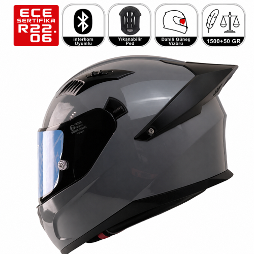 FX211X Gri Motosiklet Kaskı Spoiler Mod Güneş Vizörlü Full Face Kask