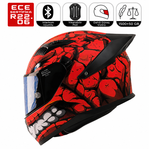 FX211X Fantastic Kırmızı Motosiklet Kaskı Spoiler Mod Güneş Vizörlü Full Face Kask