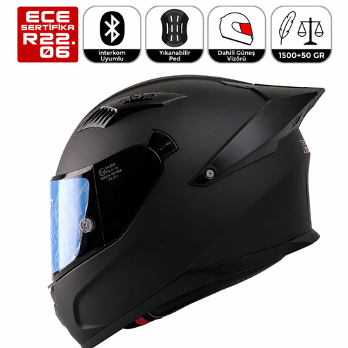 FX211X Mat Siyah Motosiklet Kaskı Spoiler Mod Güneş Vizörlü Full Face Kask
