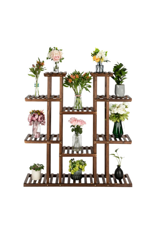 Dekoratif Ahşap Saksılık Çiçeklik Standı - 11 Bölmeli Bahçe Balkon Çiçek Rafı 120X120 Cm