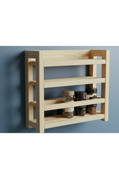 Masif Ham Ahşap 3 Katlı Baharatlık 25X20 Cm - Delme Gerektirmeyen Çift Taraflı Bantlı Mutfak Rafı