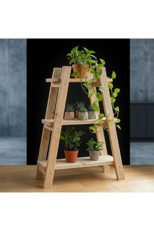 Dekoratif Ahşap Merdiven Çiçeklik Saksı Standı 3 Katlı Balkon Bahçe Rafı 120X100 Cm