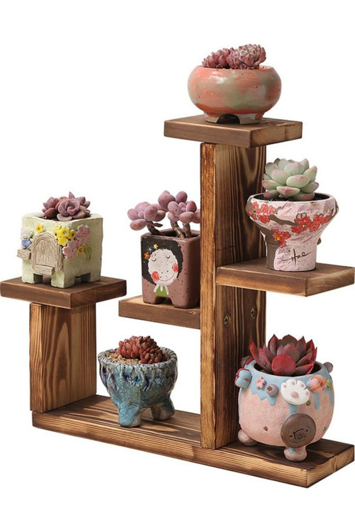 Ahşap Sukulent Ve Çiçek Standı - 5 Bölmeli Dekoratif Masaüstü Saksı Rafı - 25X25 Cm