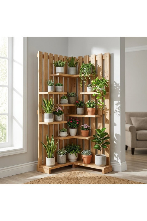 Wooddesign Çok Katlı Ahşap Köşe Çiçeklik Saksılık Ve Dekoratif Raf Modülü 160X150 Cm