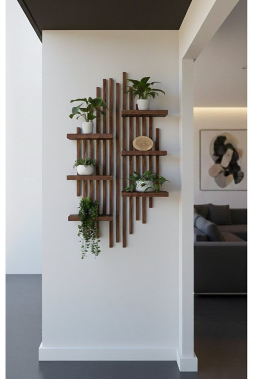Ahşap Dekoratif Duvar Rafı - 120X60 Cm Modern Çıtalı Çiçeklik