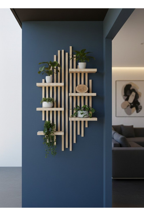 Ahşap Dekoratif Duvar Rafı - 120X60 Cm Modern Çıtalı Çiçeklik