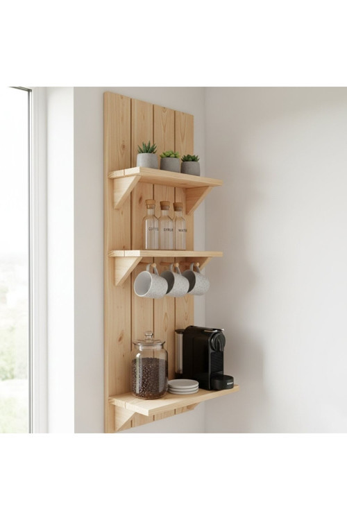 Wooddesign Masif Göknar Ahşap Kahve Köşesi - 100X40 Cm Barista Duvar Rafı Ve Kupa Askılığı