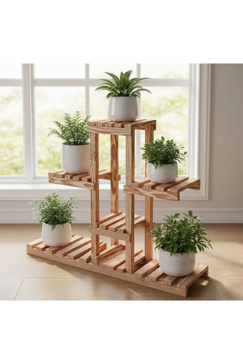 Doğal Masif Ahşap 5 Bölmeli Çiçeklik Saksı Standı - 100X100X25 Cm Geniş Raf Derinliği