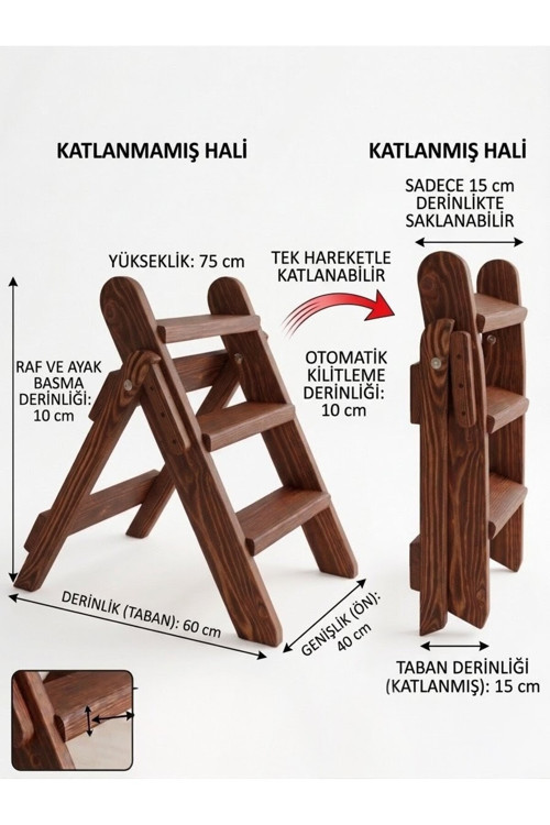 Kestane Rengi Masif Ahşap Katlanır Merdiven - Dekoratif Basamak Tabure (75 Cm)