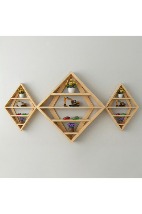 Masif Ahşap Geometrik Duvar Rafı Kitaplık Seti 150X60 Cm