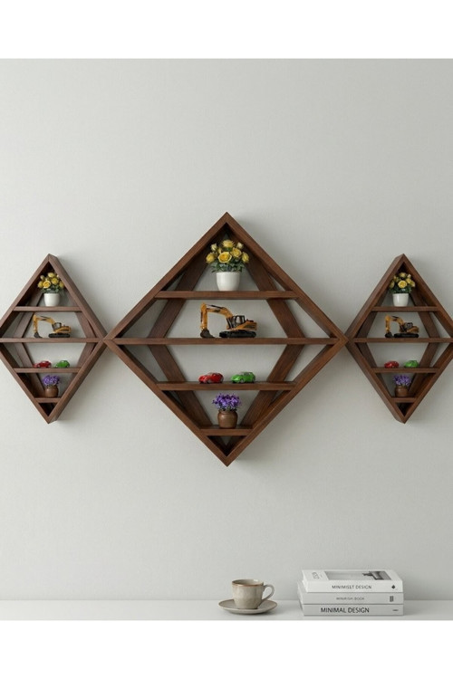 Masif Ahşap Geometrik Duvar Rafı Kitaplık Seti 150X60 Cm