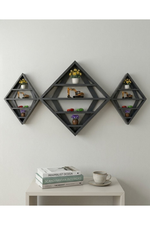 Masif Ahşap Geometrik Duvar Rafı Kitaplık Seti 150X60 Cm