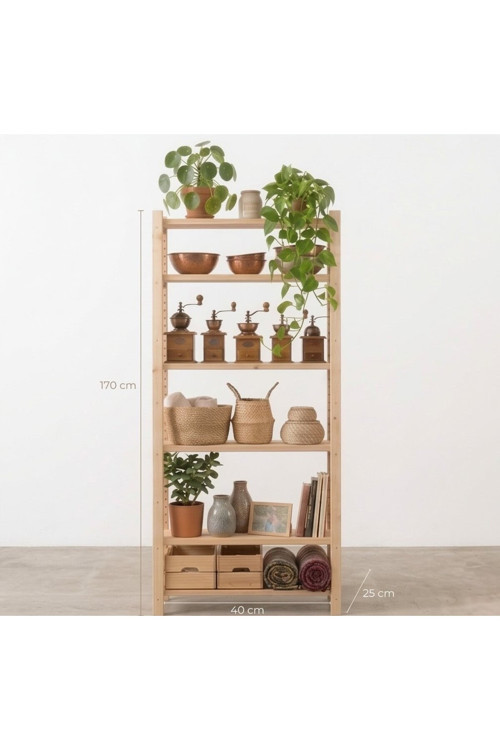 170X40 Cm Doğal Masif Ahşap 6 Katlı Kitaplık Ve Dekoratif Çok Amaçlı Raf Ünitesi