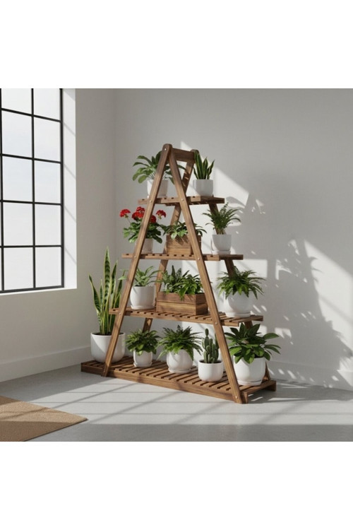 Doğal Ahşap 5 Katlı Merdiven Çiçeklik - 150X150 Cm Taşınabilir Saksı Standı Balkon Bahçe Rafı