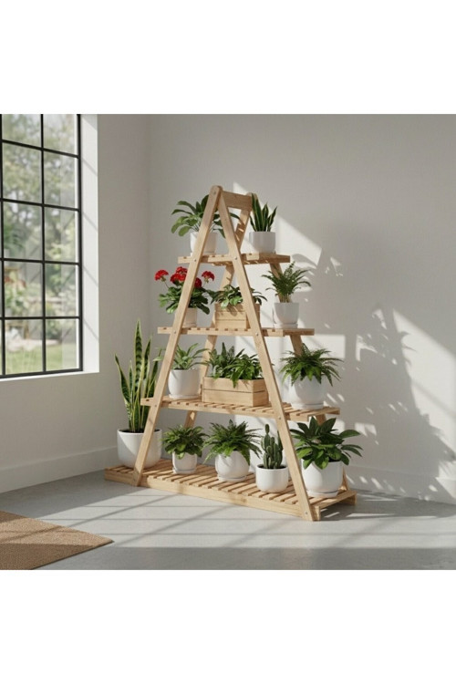 Doğal Ahşap 5 Katlı Merdiven Çiçeklik - 150X150 Cm Taşınabilir Saksı Standı Balkon Bahçe Rafı