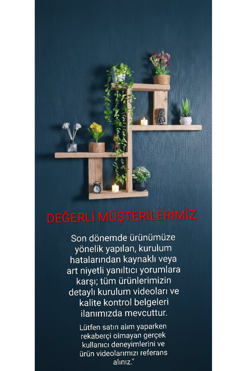 Masif Ahşap Dekoratif Duvar Rafı - Modern Asimetrik Kitaplık Ve Çiçeklik - El İşçiliği