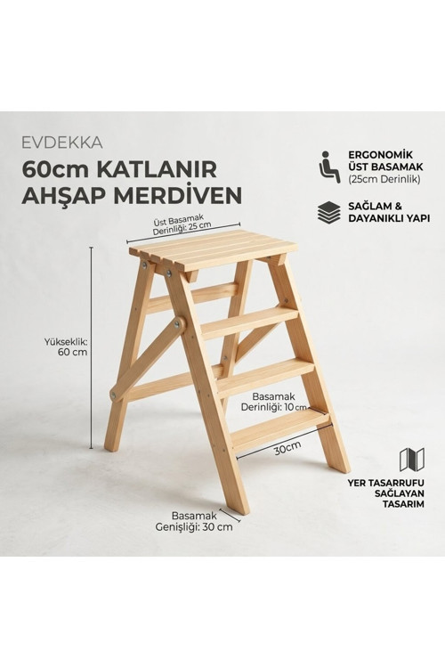 60 Cm Katlanır Ahşap Merdiven - 3 Basamaklı Dekoratif Mutfak Merdiveni