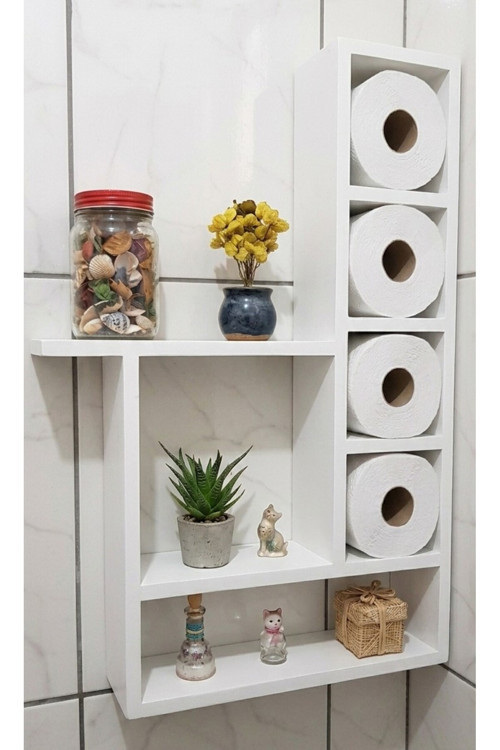 100X60 Cm Dev Boy Masif Ham Ahşap Banyo Rafı - 6 Geniş Bölmeli Tuvalet Kağıtlığı Ve Düzenleyici