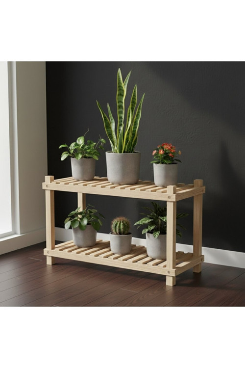 Modern Masif Ahşap Çiçek Standı - 2 Raflı Köknar Ağacı Çok Amaçlı Raf 100X50