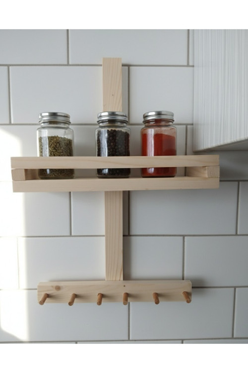 50X35 Cm Ahşap Mutfak Organizeri - Köknar Ağacı Baharatlık - Delmesiz Yapışkanlı Banyo Havluluğu