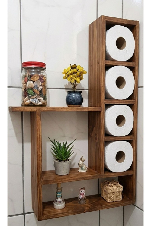 100X60 Cm Dev Boy Masif Ham Ahşap Banyo Rafı - 6 Geniş Bölmeli Tuvalet Kağıtlığı Ve Düzenleyici