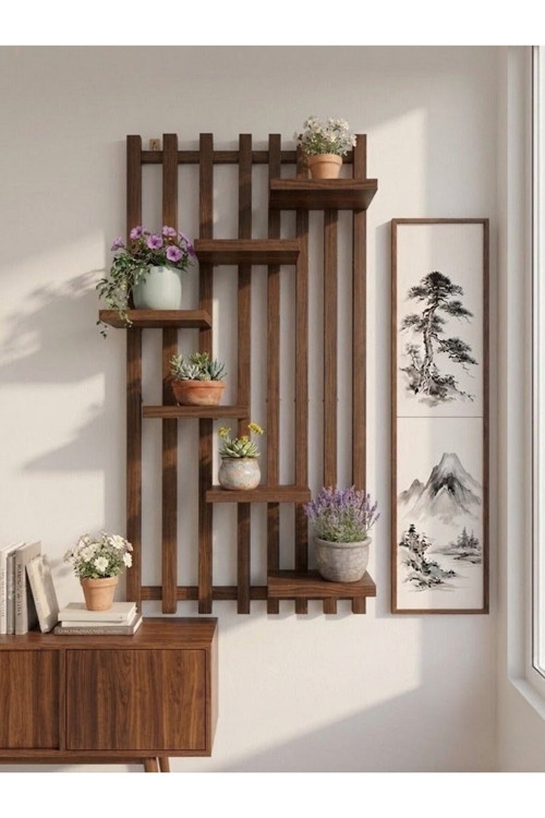 Kahve Rengi Ahşap Dekoratif Duvar Rafı - Çok Amaçlı Çiçeklik Ve Kitaplık 40X120 Cm