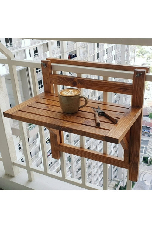 Ahşap Balkon Masası - 10 Cm Ayarlanabilir, Katlanır Balkon Korkuluk Masası (60X40 Cm)